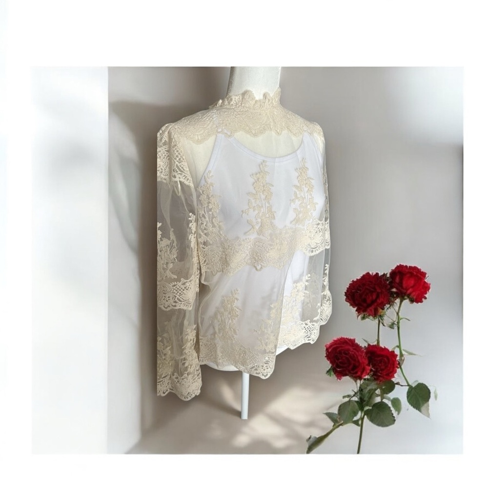 ADIVA White Lace Overlay Blouse. Long Sleeves. Size: Med. NEW. $20.